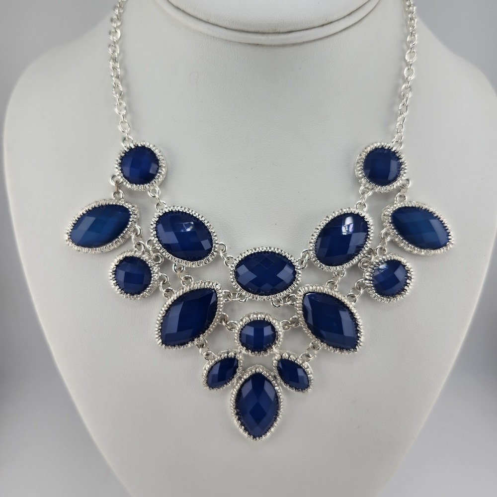 Icing Blue Bib Fashion Necklace Faceted Statement‎ Silver Toned